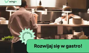 Kucharze w kuchni restauracyjnej rozwijają swoje umiejętności. Widać logo "wingin" i hasło "Rozwijaj się w gastro!".
