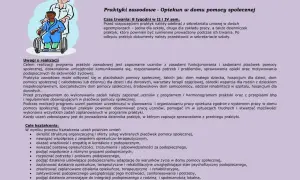 Ilustracja przedstawia opiekunkę pomagającą podopiecznemu w wózku inwalidzkim, symbolizując praktyki zawodowe w domu pomocy społecznej.