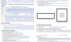 Wniosek o wydanie karty kwalifikacji kierowcy, zawierający dane osobowe, informacje o wydanym dokumencie i wymagane załączniki, w tym zdjęcie 3,5 x 4,5 cm.