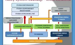 Schemat ścieżek kształcenia: od szkoły podstawowej przez technikum, liceum, branżową szkołę II stopnia, aż po studia.