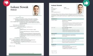 Zdjęcie przedstawia dwa przykładowe CV elektryka, z portretem kandydata i danymi kontaktowymi.