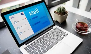 Laptop z otwartą aplikacją poczty, pokazującą jak napisać maila z CV. Obok filiżanka herbaty i mały kaktus.
