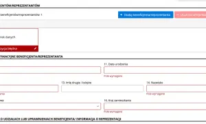 Formularz zgłoszeniowy beneficjenta/reprezentanta. Brak danych, pozycja błędna. Pola do wypełnienia: PESEL, imię, nazwisko, data urodzenia, kraj.