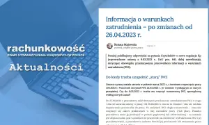 Fragment artykułu o zmianach w warunkach zatrudnienia na tle klawiatury laptopa.