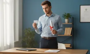 Młody mężczyzna, świeżo po obronie, trzyma dyplom i legitymację studencką.