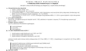 Ocena pracy nauczyciela w szkole, kryteria, kto podlega ocenie, skala ocen (wyróżniająca, dobra, negatywna) i przedmiot oceny.