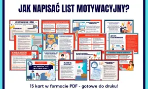 Zbiór 15 kart PDF "Jak napisać list motywacyjny?", idealny do druku. Pomaga stworzyć skuteczny list motywacyjny do urzędu i innych miejsc pracy.