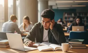 Młody mężczyzna pochylony nad książkami, przygotowuje się do egzaminu klasyfikacyjnego. W tle inni studenci w bibliotece.