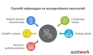 Diagram pokazuje czynniki wpływające na wynagrodzenia nauczycieli, takie jak awans, lokalizacja, dodatki, rodzaj szkoły i polityka państwa. Nauczyciel współorganizujący pracę w szkole jest kluczowy.