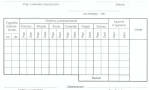 Formularz do rozliczania godzin ponadwymiarowych nauczycieli, z polami na wpisanie dat, dni tygodnia, planu lekcji i zastępstw.