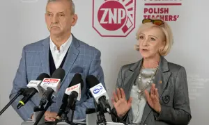 Dwoje przedstawicieli ZNP, związku zawodowego nauczycieli, podczas konferencji prasowej. Mężczyzna w kratę, kobieta w szarym żakiecie.