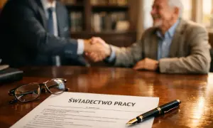 Uścisk dłoni na zakończenie kariery. Na stole świadectwo pracy, okulary i pióro. To symboliczna odprawa emerytalna nauczyciela.