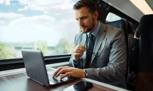 Biznesmen w garniturze pracuje na laptopie w pociągu, trzymając okulary.