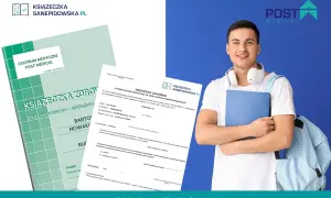 Młody mężczyzna z plecakiem i książką, obok dokumenty dotyczące badań do książeczki sanepidowskiej.