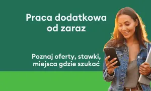 Uśmiechnięta młoda kobieta z telefonem i laptopem szuka dodatkowej pracy zdalnej. Poznaj oferty, stawki i miejsca.