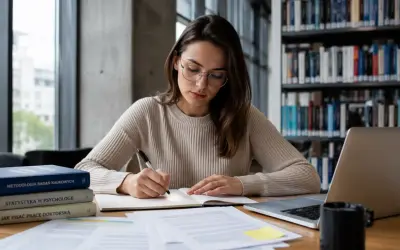 Studentka w okularach pisze w notatniku, przygotowując się do obrony doktoratu. Na biurku książki i laptop.
