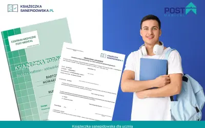 Młody mężczyzna z plecakiem i książką, obok dokumenty dotyczące badań do książeczki sanepidowskiej.