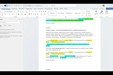 Dokument zawiera informację o warunkach zatrudnienia, w tym o normach czasu pracy dla pracowników niepełnosprawnych.