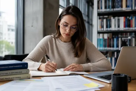 Studentka w okularach pisze w notatniku, przygotowując się do obrony doktoratu. Na biurku książki i laptop.