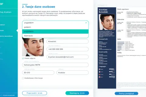 Tworzenie CV po angielsku. Krystian Kowalski uzupełnia dane osobowe, wybiera język CV i dodaje zdjęcie.