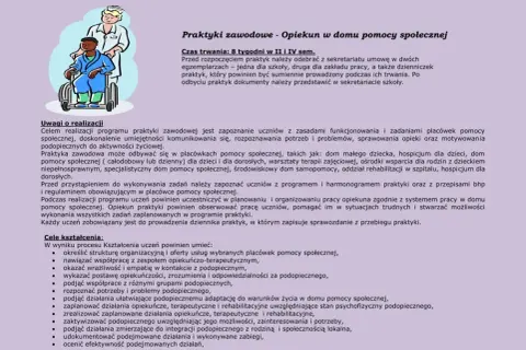 Ilustracja przedstawia opiekunkę pomagającą podopiecznemu w wózku inwalidzkim, symbolizując praktyki zawodowe w domu pomocy społecznej.