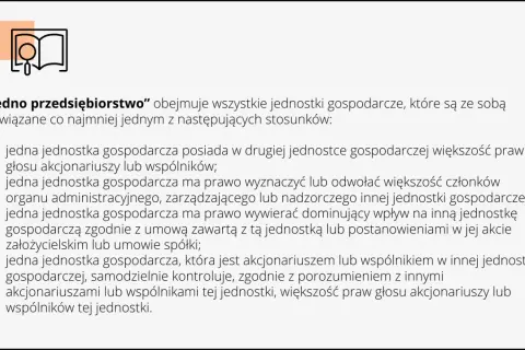 Ilustracja wyjaśnia, co to jest pomoc de minimis, definiując "jedno przedsiębiorstwo" jako powiązane jednostki gospodarcze.