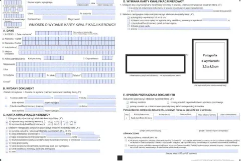 Wniosek o wydanie karty kwalifikacji kierowcy, zawierający dane osobowe, informacje o wydanym dokumencie i wymagane załączniki, w tym zdjęcie 3,5 x 4,5 cm.