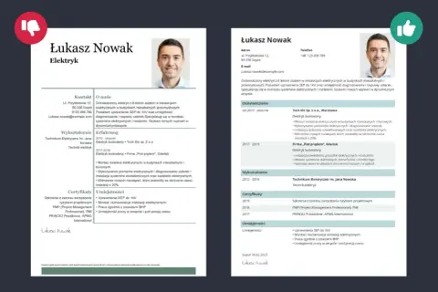 Zdjęcie przedstawia dwa przykładowe CV elektryka, z portretem kandydata i danymi kontaktowymi.