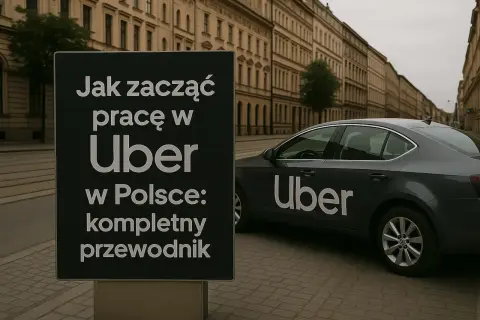 Tablica informuje, jak zostać kierowcą Ubera w Polsce. Obok stoi ciemny samochód z logo Uber.