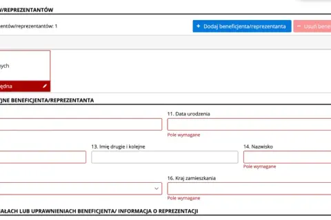 Formularz zgłoszeniowy beneficjenta/reprezentanta. Brak danych, pozycja błędna. Pola do wypełnienia: PESEL, imię, nazwisko, data urodzenia, kraj.