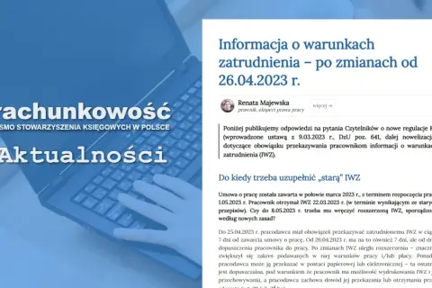 Fragment artykułu o zmianach w warunkach zatrudnienia na tle klawiatury laptopa.