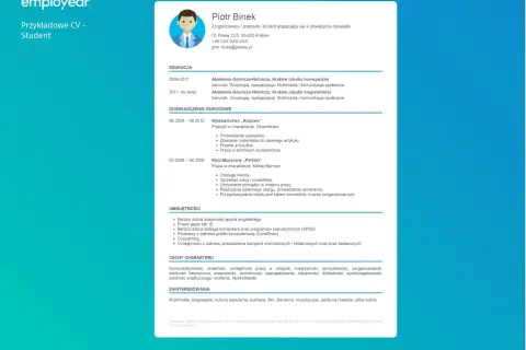 CV studenta Piotra Binka. Wśród jego mocne strony to komunikatywność, kreatywność i umiejętność pracy w zespole.