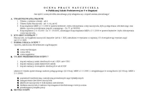 Ocena pracy nauczyciela w szkole, kryteria, kto podlega ocenie, skala ocen (wyróżniająca, dobra, negatywna) i przedmiot oceny.