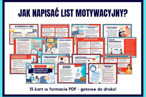 Zbiór 15 kart PDF "Jak napisać list motywacyjny?", idealny do druku. Pomaga stworzyć skuteczny list motywacyjny do urzędu i innych miejsc pracy.