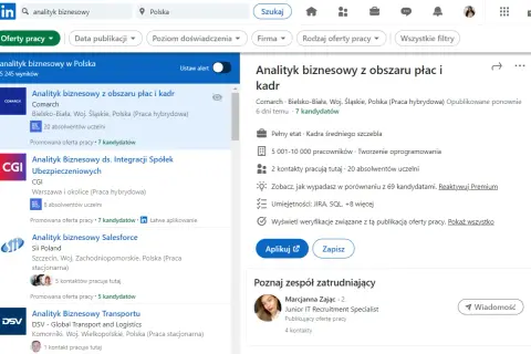 Szukasz pracy jako analityk biznesowy? LinkedIn to platforma, gdzie znajdziesz oferty pracy, np. analityk biznesowy z obszaru płac i kadr w Comarch.