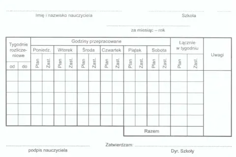 Formularz do rozliczania godzin ponadwymiarowych nauczycieli, z polami na wpisanie dat, dni tygodnia, planu lekcji i zastępstw.