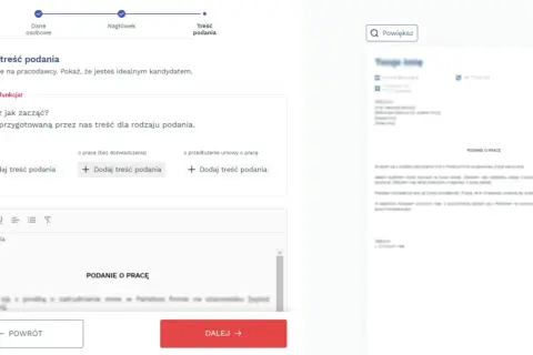 Uzupełnianie treści podania o pracę. Możesz wybrać gotowy szablon lub napisać własny.