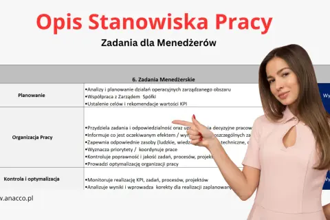 Opis stanowiska pracy dla menedżerów, obejmujący obowiązki pracodawcy w zakresie planowania, organizacji i optymalizacji pracy.