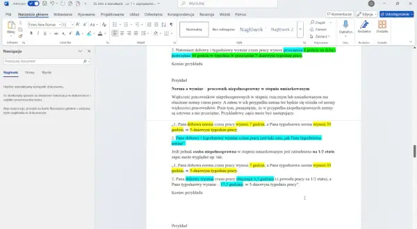 Dokument zawiera informację o warunkach zatrudnienia, w tym o normach czasu pracy dla pracowników niepełnosprawnych.