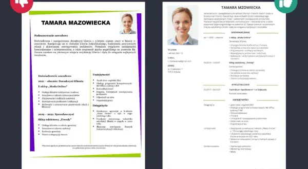 Dobre CV Tamary Mazowieckiej, doradczyni klienta z doświadczeniem w e-commerce i sprzedaży detalicznej.