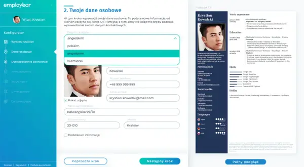 Tworzenie CV po angielsku. Krystian Kowalski uzupełnia dane osobowe, wybiera język CV i dodaje zdjęcie.