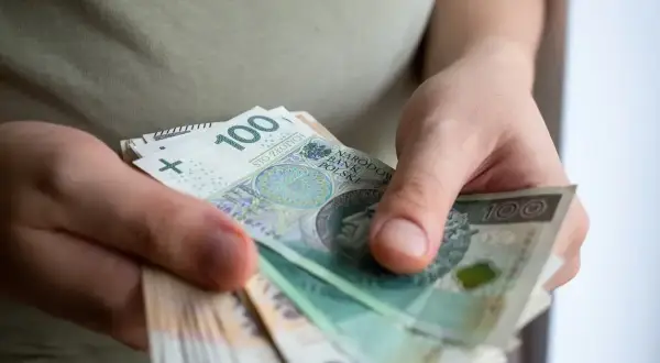 Dłonie trzymają stos banknotów 100 zł. To kwota, która dla wielu jest znacząca, ale w kontekście dużych inwestycji może być traktowana jako de minimis.