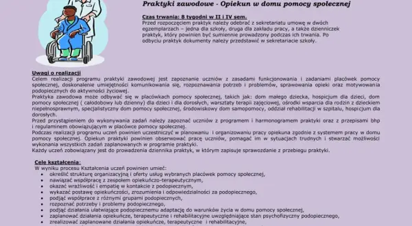 Ilustracja przedstawia opiekunkę pomagającą podopiecznemu w wózku inwalidzkim, symbolizując praktyki zawodowe w domu pomocy społecznej.