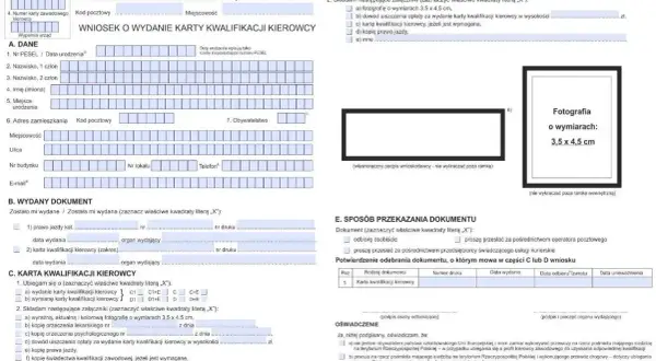 Wniosek o wydanie karty kwalifikacji kierowcy, zawierający dane osobowe, informacje o wydanym dokumencie i wymagane załączniki, w tym zdjęcie 3,5 x 4,5 cm.
