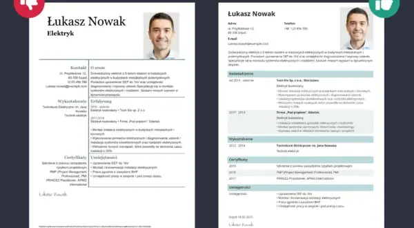 Zdjęcie przedstawia dwa przykładowe CV elektryka, z portretem kandydata i danymi kontaktowymi.