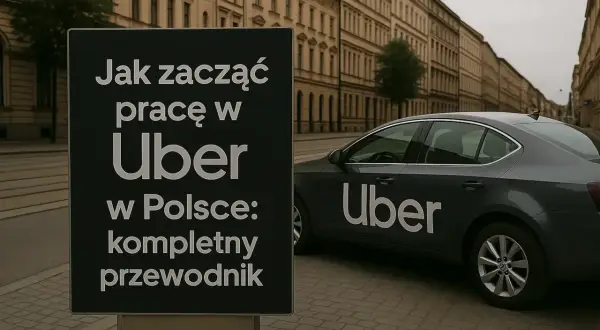 Tablica informuje, jak zostać kierowcą Ubera w Polsce. Obok stoi ciemny samochód z logo Uber.