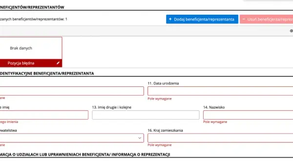 Formularz zgłoszeniowy beneficjenta/reprezentanta. Brak danych, pozycja błędna. Pola do wypełnienia: PESEL, imię, nazwisko, data urodzenia, kraj.