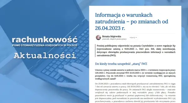 Fragment artykułu o zmianach w warunkach zatrudnienia na tle klawiatury laptopa.