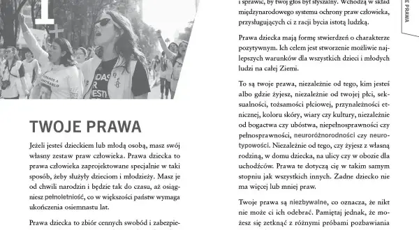Młodzi ludzie protestują, domagając się swoich praw. Prawa dziecka to niezbywalne prawa człowieka, chroniące i wspierające rozwój każdego dziecka.