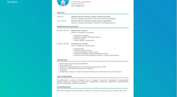 CV studenta Piotra Binka. Wśród jego mocne strony to komunikatywność, kreatywność i umiejętność pracy w zespole.
